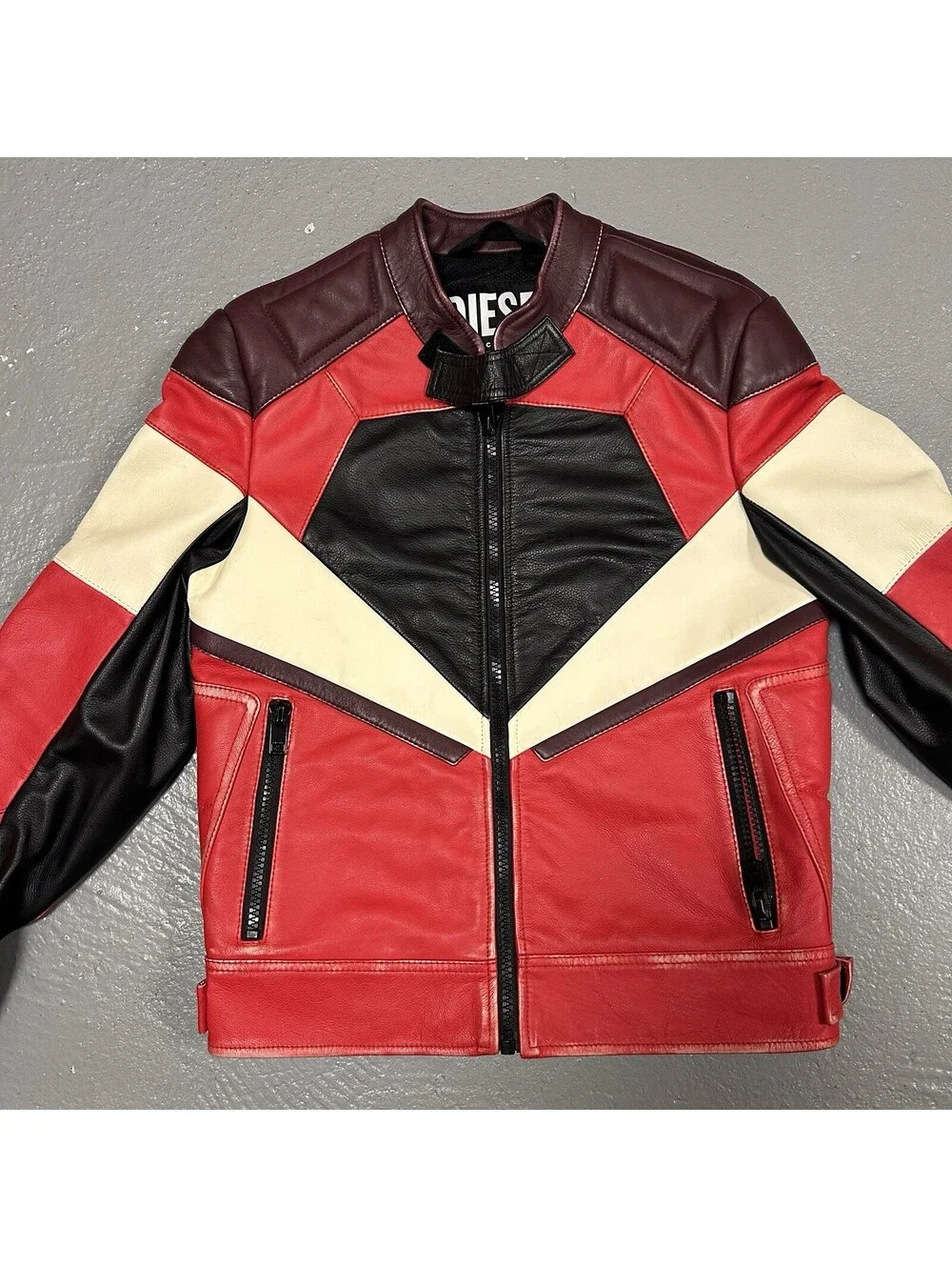 RARE Diesel Cherry Red White Black Leather Biker Jacket Size S